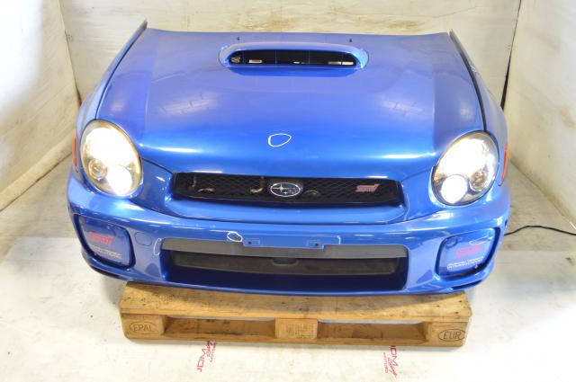 JDM Subaru WRX 02-03 WRB Bugeye STI Blue Front End Nose Cut Conversion For Sale One Piece Grille, Front Bumper, HID Healights 