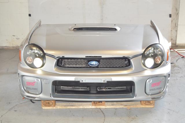 JDM Subaru Impreza WRX STi V7 2002 03 Silver Bugeye Front Cut (rad support, radiator, one piece grill, fog covers, hid headlights, aluminum hood with wrx hood scoop, fenders, fog light covers)
