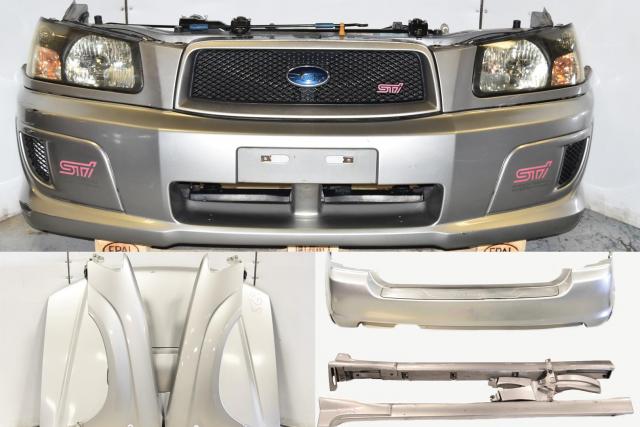 Used JDM Subaru Forester STi SG5 SG9 Grey Autobody Nose Cut with Foglight Covers, Hood, Fenders, Sideskirts, Rear Bumper, Rad Support & Headights for Sale