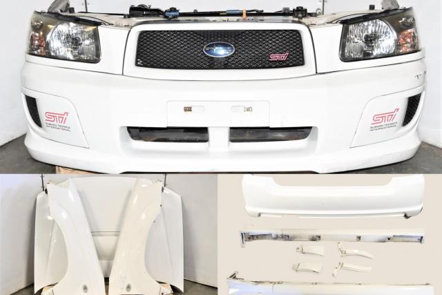 Used Subaru Forester SG5 STi White Front End with Bumpers, Fenders, Sideskirts, HID Headlights, Rad Support, Radiator & Hood