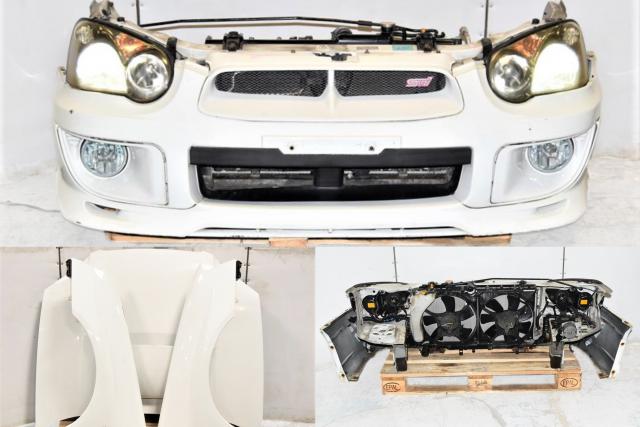 JDM White Sedan 2004-2005 Replacement STi Front End Nose Cut Conversion with Fenders, Sideskirts, Spoiler, HID Headlights & Hood Scoop