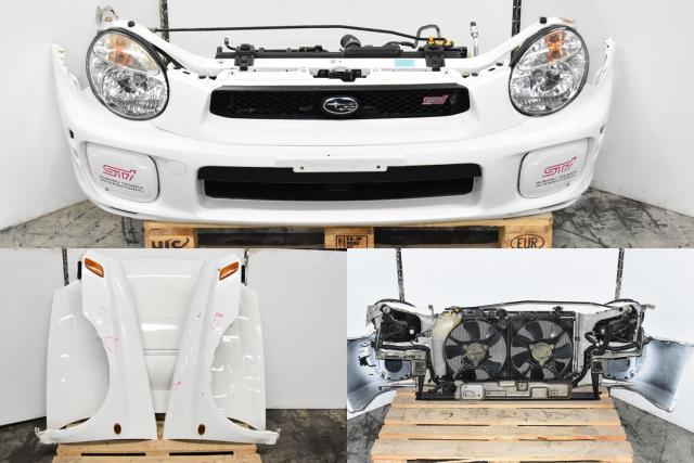 JDM WRX STi White Nose Cut Version 7 Bugeye Nose Cut with Rad Support, Headlights (Halogen), Grille, Bumper Cover, Sideskirts & STi Wing