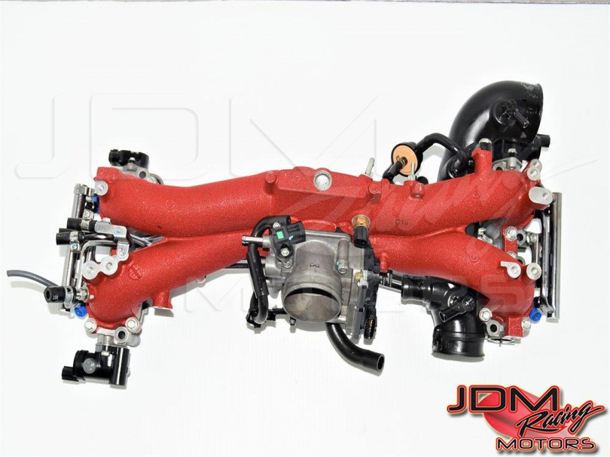 Used JDM GR STi EJ257 / EJ20Y Replacement OEM Red Intake Manifold Assembly with Electronic Throttle, TGVs, Fuel Rail & 565 CC Injectors