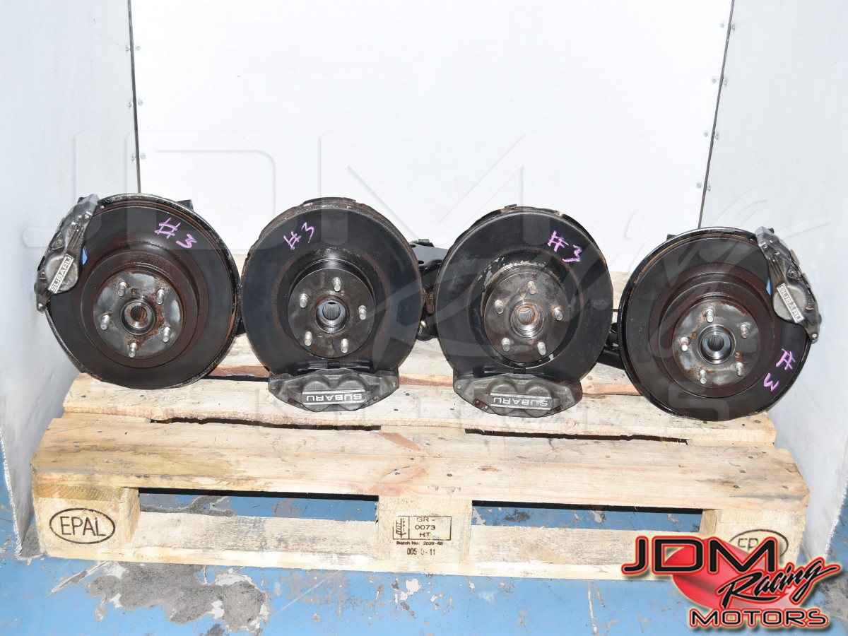 5x100 Replacement WRX JDM Used 4 Pot / 2 Pot Grey Caliper Brake Assembly with Hubs, Rotors & Trailing Arms